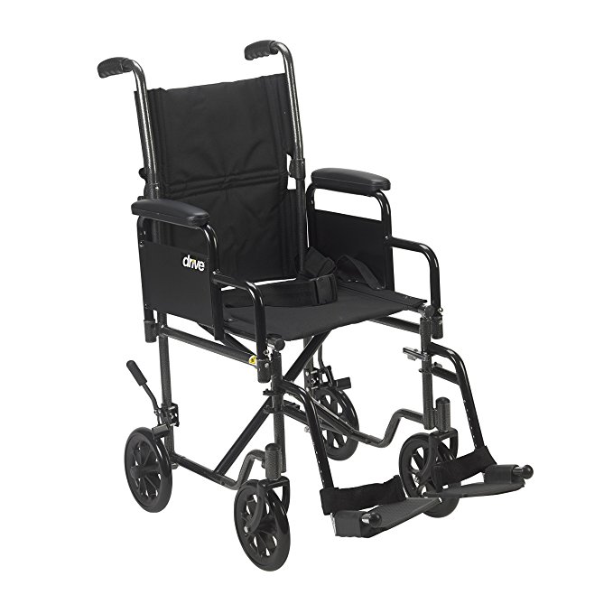 Drive Medical Lightweight Steel Transport Wheelchair, Detachable Desk Arms, 17" Seat