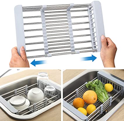 Aikaplus 304 Stainless Steel Drying Dish Rack, Telescopic Drain Basket with Adjustable Armrest, Used for Kitchen Sink Items Storage and Drying, Suitable for All Kinds of Flumes