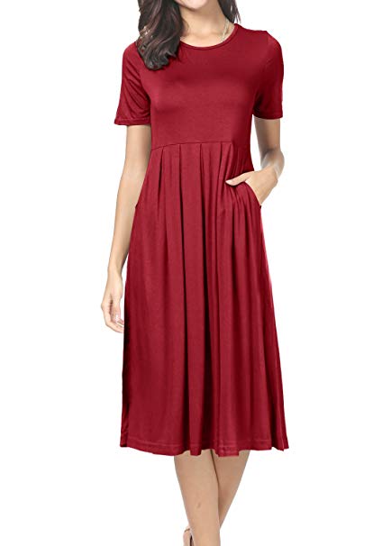 levaca Womens Short Sleeve Pleated Swing Midi Casual Summer Dress with Pockets