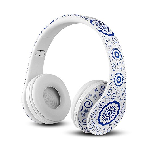 FX-Victoria Over Ear Headphone, Wireless Headphones with Bluetooth Function, Stereo Foldable Headset with Built in Microphone and Volume Control, On Ear Stereo Wireless Headset, Blue Floral Pattern