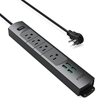 TROND Prime II 4-Outlet Mountable Surge Protector Power Strip with USB Charger (4A/20W, Black), Right-Angle Flat Plug & 6.6 Feet Long Cord, for Workbench, Nightstand, Dresser, Home & Office