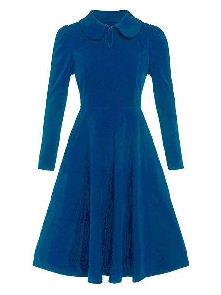 Romwe Women's Vintage 1950s Retro Collared Long Sleeve Fit and Flare Swing Party Dress