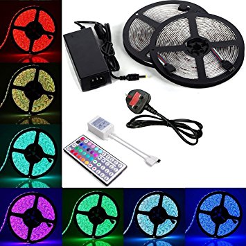 NICEKER 5050 LED Strip Lights - 32.8ft / 10M Flexible 5050 RGB LED Light With 44key LED Controller and DC 12V5A Power Adapter Built-in IC and Fuse