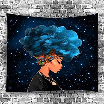 Unitendo African American Black Girl Colourful Print Wall Hanging Tapestries Indian Polyester Picnic Bedsheet Afro Wall Art Decor Hippie Tapestry, 80''X 60'' Blue Hair Afro Girl.