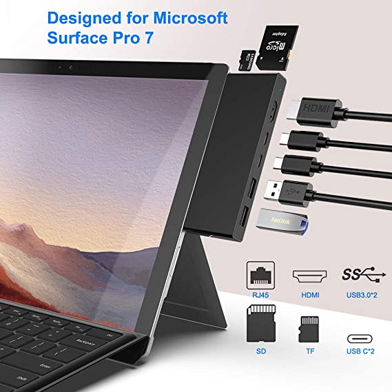 Surface Pro 7 Docking Station, 7 in 1 Surface Pro 2019 Adapter with 4K HDMI, USB C PD charging,2 USB 3.0 Port(5Gbps), SD/TF Card Reader, Surface Pro 7 Docking Station Microsoft Surface Pro 7 Dock hub
