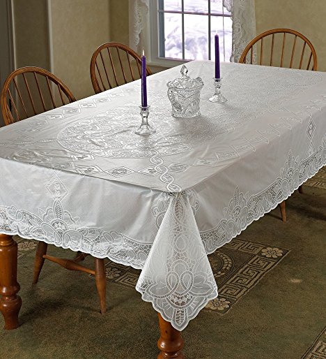 Violet Linen Vinyl Lace Betenburg Design Oblong/Rectangle Tablecloth, 54" x 72", White