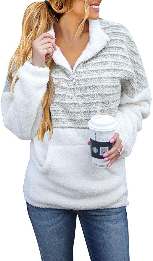 MEROKEETY Women's Long Sleeve Contrast Color Zipper Sherpa Pile Pullover Tops Fleece with Pocket