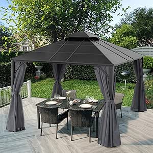 ABCCANOPY Double Roof Outdoor Hardtop Gazebo 10x10 - Patio Polycarbonate Hard Top Gazebos with Curtain and Netting (Dark Gray)