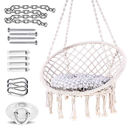 Ohuhu Hanging Chairs for Bedrooms, Hammock Chair Macrame Swing with Hanging Hardware Kit & Cushion