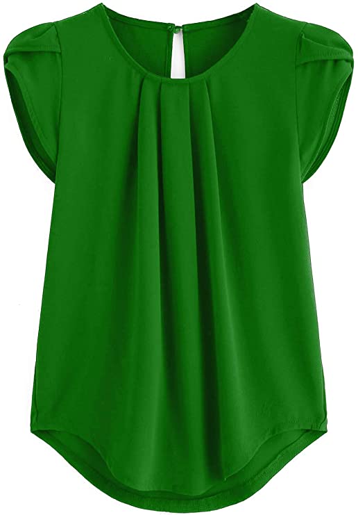 Milumia Women's Casual Round Neck Basic Pleated Top Cap Sleeve Curved Keyhole Back Blouse