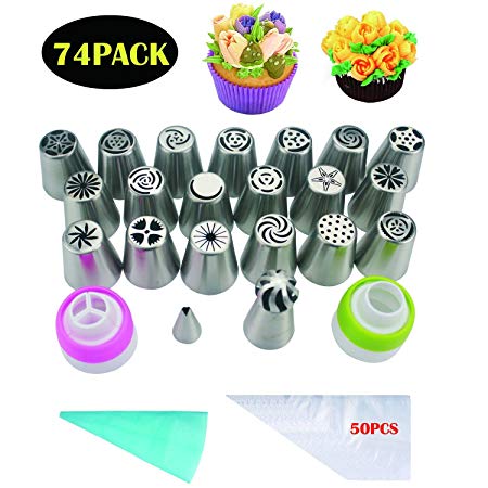 Russian Piping Tips 74 Pcs Cake Decorating Supplies Kit 19 Icing Nozzles 1 Leaf Tip 1 Sphere Ball Tip 1 Single Coupler 1 Tricolor Coupler 50 Disposable Pastry Bags 1 Reusable Silicone Pastry Bag