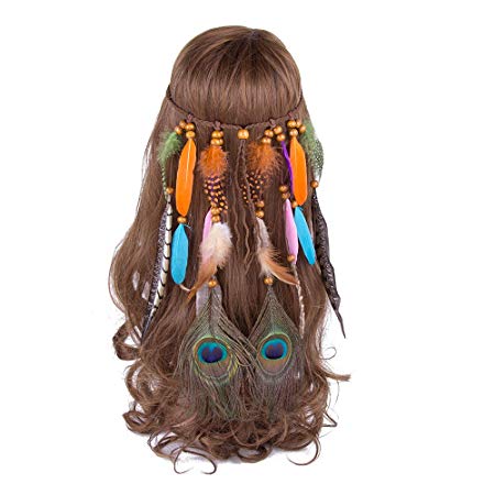 AWAYTR Feather Headband Indian Headpiece - Bohemian Tassels Hair Band Headwear For Women Girls (Color F)