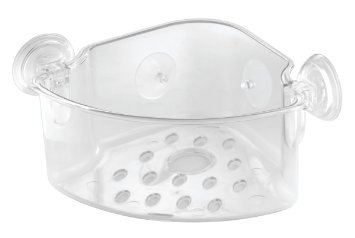 InterDesign Power Lock Suction Bathroom Shower Caddy Basket for Shampoo, Conditioner, Soap - Corner, Clear