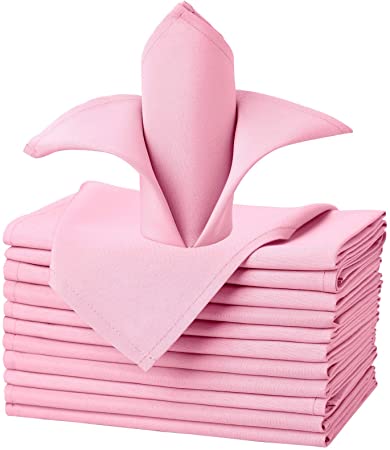 VEEYOO Cloth Napkins - Set of 12 Pieces 17 x 17 Inch Solid Polyester Table Napkins - Soft Washable and Reusable Dinner Napkin for Weddings, Parties, Restaurant (Pink Napkins Cloth)