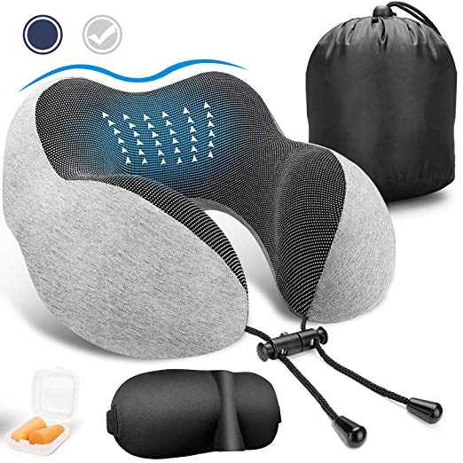 VASLON Travel Neck Pillow, Soft and Comfortable Memory Foam Neck Cushion, Head & Chin Support Travel Pillow Machine Washable 100% Cotton Cover for Travelling Flying Airplane Flight Car Bus Train Ride, with 3D Eye Mask, Earplugs & Luxury Bag