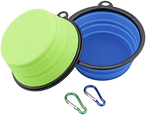 Ewolee Extra Large Collapsible Dog Bowl, 2-Pack 7" Diameter Portable Expandable Silicone Pet Food and Water Travel Bowl Carabiners Included, Green and Blue