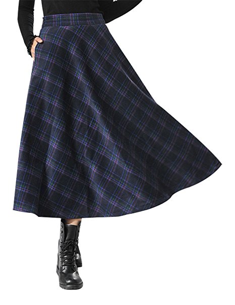IDEALSANXUN Women’s High Waist Woolen Swing Skirt Thicken Winter Warm Plaid Aline Retro Long Skirts