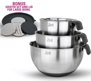 Zell 3 Piece Mixing Bowl Set with Spout and Handle Includes grater set 15 qt 3qt 5qt