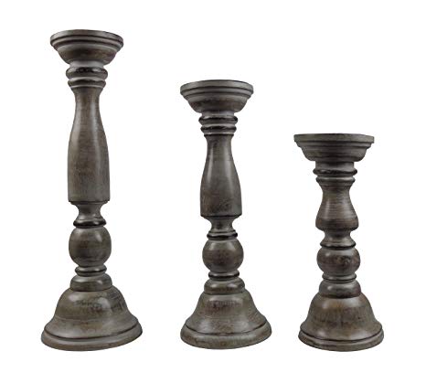 Cotton Craft - 3 Piece Wooden Candle Pillar Holder Set - Distressed Charcoal Grey - Size: 17 Inches, 14 Inches and 11 Inches - Intricate Detail with Hand Carving Creates a Unique Furnishing Accent