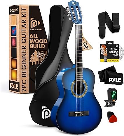 Pyle Beginner Acoustic Guitar Kit, 3/4 Junior Size All Wood Instrument for Kids, Adults, 36" Blue Burst