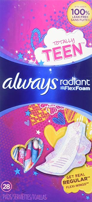 Always Radiant Totally Teen Pads With FlexFoam Flexi-Wings Flexible Wings, 28 Count, 2 Pack. (Includes 56 Pads Total.) Lasts Up To 8 Hours. Absorbs 10X Its Weight. Individually Wrapped Pads.