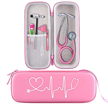 BOVKE Travel Carrying Case for 3M Littmann Classic III Stethoscope - Extra Room for Taylor Percussion Reflex Hammer and Reusable LED Penlight, Pearl Pink