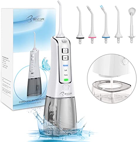 Water Flosser for Teeth - BESTOPE Cordless Portable Oral Irrigator Dental Flosser 300ml Water Pick Teeth Cleaner with 5 Jet Tips, IPX7 Waterproof, USB Rechargeable for Travel & Home