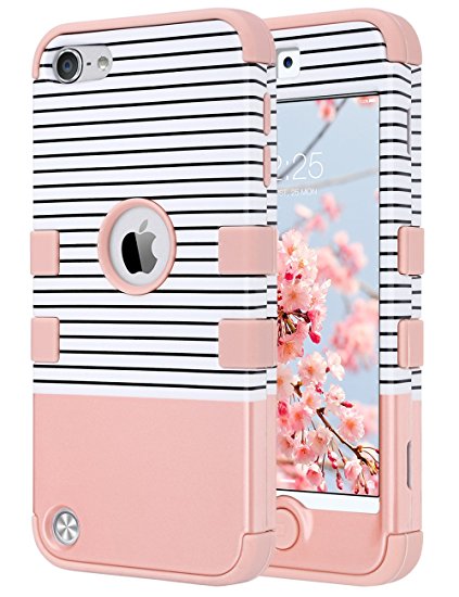 iPod Touch 6th Generation Case for girls, ULAK Anti Slip Anti-Scratch Shockproof Protective Cover Hybrid High Soft Silicone   Hard PC Case for Apple iPod 5 & 6 (Minimal Stripes Rose Gold)