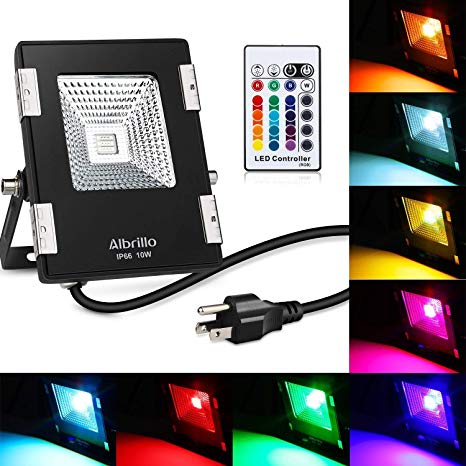 Albrillo 10W RGB LED Flood Light with US Plug and Remote Control, 4 Modes 16 Colors Changing LED Security Lights Waterproof IP66 Outdoor Lighting