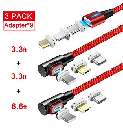 A.S 3 in 1 Magnetic USB Cable, Fast Charging & Data Sync Cable with Diamond Led, Compatible with Micro USB I-Product and Type C Smartphones (New Red(3.3ft,3.3ft,6.6ft))