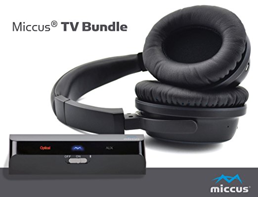 Miccus TV Bundle - Everything needed for Low Latency wireless audio, includes SR-71 Bluetooth Headphones and RTX Mini Bluetooth transmitter with Optical TOSLINK