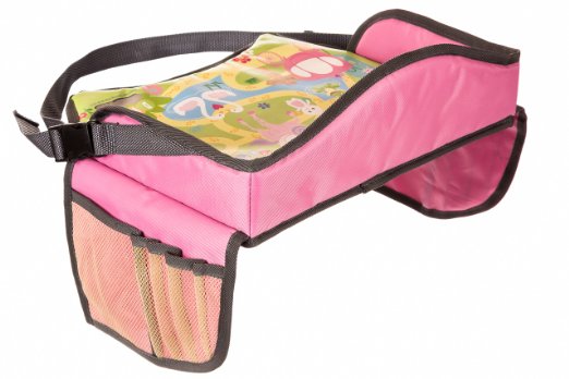 Childrens Travel Tray - Kids Play Tray for Snacks Car Bus Train and Plane Journeys - Small - Pink - By Driving With Kids - Works on Buggy and Pushchair