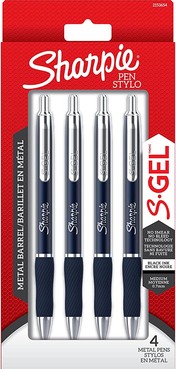 Sharpie S-Gel, Gel Pens, Sleek Metal Barrel, Midnight Blue, Medium Point (0.7mm), Black Ink, 4 Count