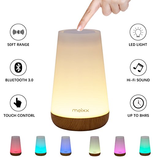 Meixx LED Bedside Lamp Bluetooth Speakers, Portable Wireless Night Light Lamp, Alarm Clock LED Table Lamp, Touch Control Color Dimmable, Stereo with Built-in Power Station,TF Card, 2000mA,USB (White)