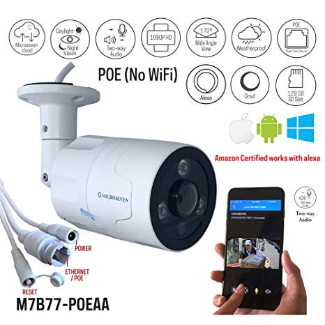 Microseven 1080P Works with Alexa HD POE Cloud Cam,Free 24Hr Cloud,Two-Way Audio Wide Angle (170°) Outdoor IP Camera,Built-in Mic & Speaker 128GB SD Slot, ONVIF, Live Streaming microseven.tv (No WiFi)
