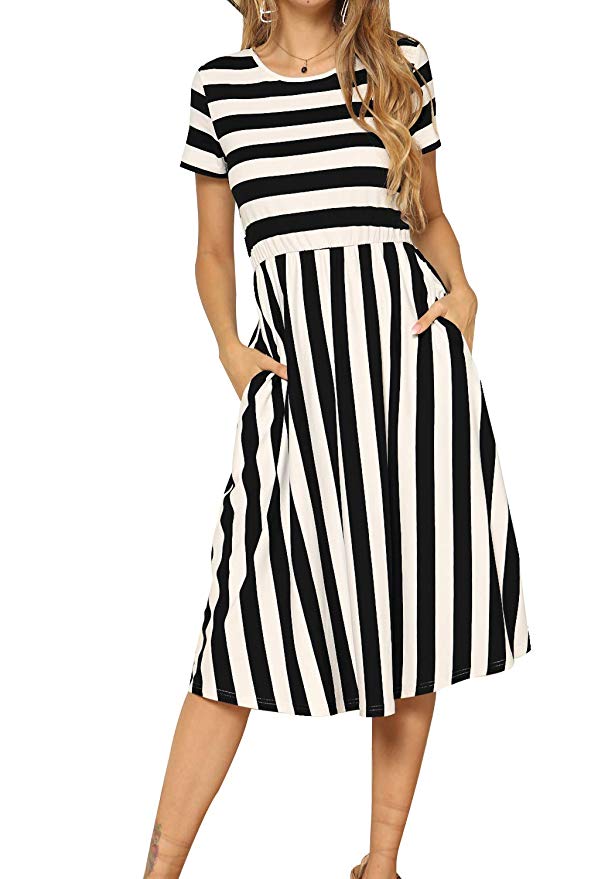 levaca Women's Casual Short Sleeve Striped Swing Midi Dress with Pockets