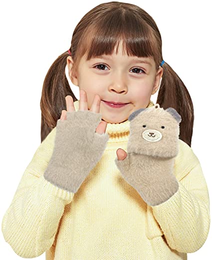 Toddler Fingerless Gloves, Soft Plush Toddler Winter Gloves with Closed Flip Coldproof Outdoor Toddler Convertible Half Fingers Gloves for 3-6 Year Kids