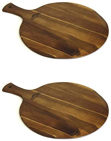 Mountain Woods Brown Large Acacia Wood Pizza Peel/Cutting Board/Serving Tray | Paddle Serving Boards with Handle for Pizzas Bread Baking, Fruits, Vegetables, Cheese - 21.25" x 16" x 0.625" (Two Pack)
