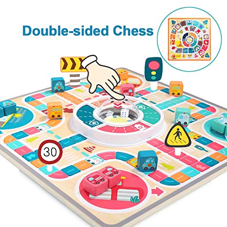 TOP BRIGHT Wooden Board Games for Kids, 2in1 Flying Chess Family Game, Toddler Traffic Theme Educational Toys for 3 4 5 Year Old Boys and Girls Gifts