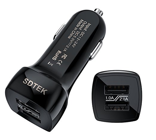 USB 2 Port Car Charger, SDTEK Black Dual Car Charger for iPhone 6, 6s, 7, 8, 5 5s SE (  Plus models), iPad, Samsung Galaxy J3 J5 S4 S5 S6 S7 Edge, Huawei Honor, Asus Zenfone, Sony Xperia and More