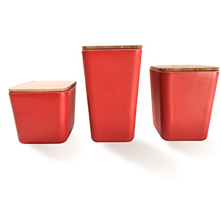 Kitchen Canister 3 piece set - Airtight Bamboo Lid made from Bamboo Fiber (Modern Red) by Clean Dezign