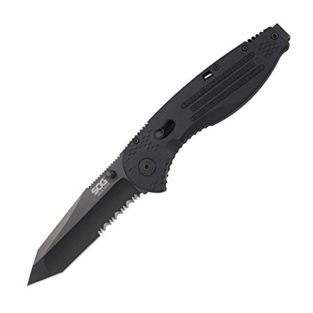 SOG Aegis Assisted Folding Knife AE04-CP - 3.5" Black TiNi, Tanto, Partially Serrated Blade, GRN Handle