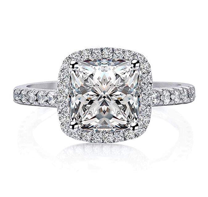 Venetia Top Grade Realistic 2.0 Carats Supreme Princess Cushion Cut NSCD Simulated Diamond Ring 925 Silver Platinum Plated Emerald Promise Wedding