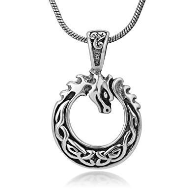 Chuvora 925 Sterling Silver Celtic Gothic Fire Dragon Symbol Round Unisex Pendant Charm Necklace 18