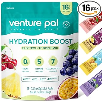 Venture Pal Sugar Free Electrolyte Powder Packets - Liquid Daily IV Drink Mix for Rapid Hydration & Party Recovery | 5 Vitamins & 7 Electrolytes| Keto Friendly | Non-GMO | Certified Vegan | 16 Sticks