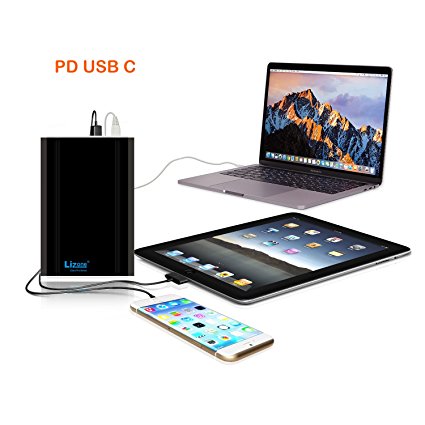 Lizone Extra Pro PD USB C External Battery Power Bank Portable Charger for 2016 2017 Macbook Pro HP Spectre Lenovo Yoga Asus LG Dell Razer Blade Stealth Acer more PD USB-C Laptop Tablet and Smartphone