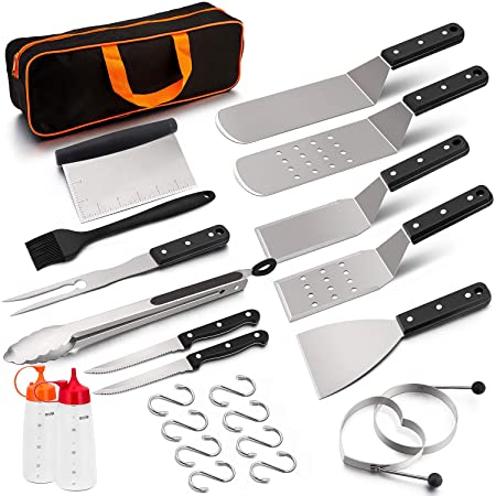 HaSteeL Griddle Grill Accessories 16PCS, Metal Spatula Stainless Steel with Carrying Bag, Professional BBQ Griddle Spatula Tools Kit for All Your Grilling Needs-Teppanyaki Flat Top Cooking and Camping