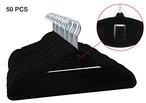 ESYLIFE Black Velvet Hangers with Cascading Hook Ultra Thin No Slip Clothes Hangers, 50 Pack