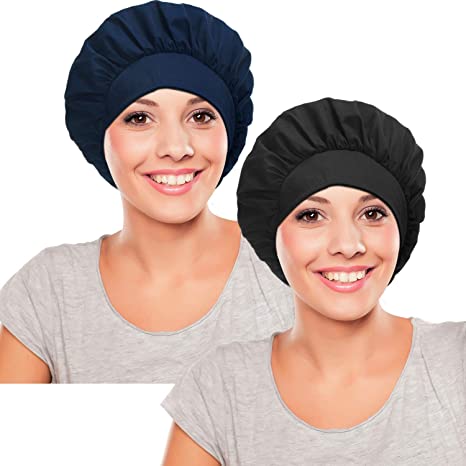 2 Pieces Bouffant Scrub Caps Adjustable Scrub Hat Unisex Bouffant Hair Caps, Black and Navy Blue