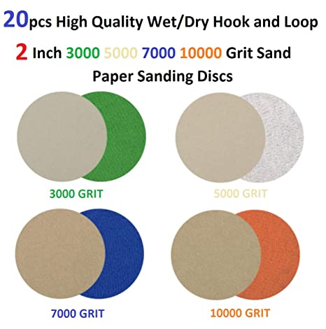 20pcs Wet/Dry Hook and Loop 2 Inch 3000 5000 7000 10000 Grit Sand Paper Sanding Discs